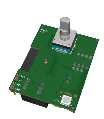 The top side of the assembled PCB, where the rotary encoder and LED are mounted.